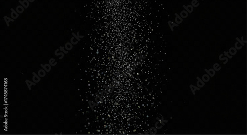 A dynamic display of small particles suspended in mid-air, elegantly showcased against a deep black backdrop, creating a captivating sense of weightlessness and abstract motion.