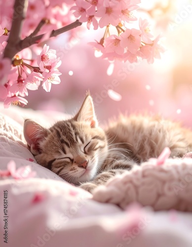 Kitten sleeping under cherry blossom petals