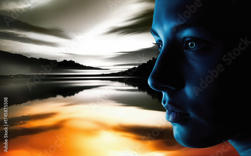 Surreal female face with blue tones reflected in serene water  
