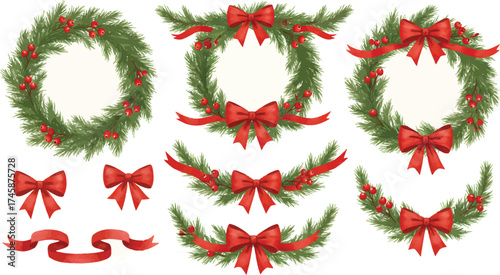 Set of realistic Christmas wreaths garlands and red bows.