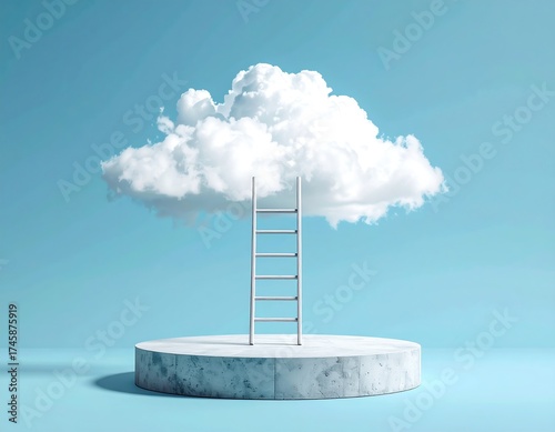 Ladder leading from podium to cloud, minimalist art