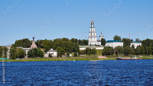 Russia. The town of Kostroma. From a pleasure boat. Central Park. Lenin monument and Epiphany Cathedral.