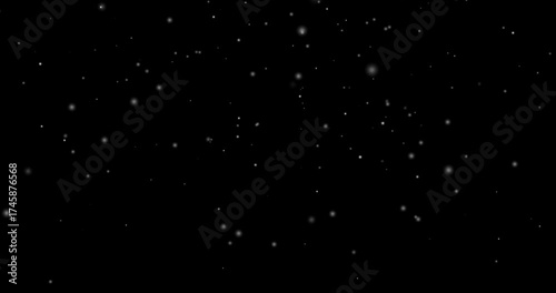 Slowly falling snow. Snowflakes Christmas overlay. Dark alpha channel with moving white snowfall particles. Winter weather. Realistic graphic 3D animated footage