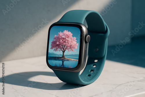 Smartwatch with Tranquil Display: A sleek smartwatch showcases a stunning image of a serene cherry blossom tree, offering a moment of peace and natural beauty. 