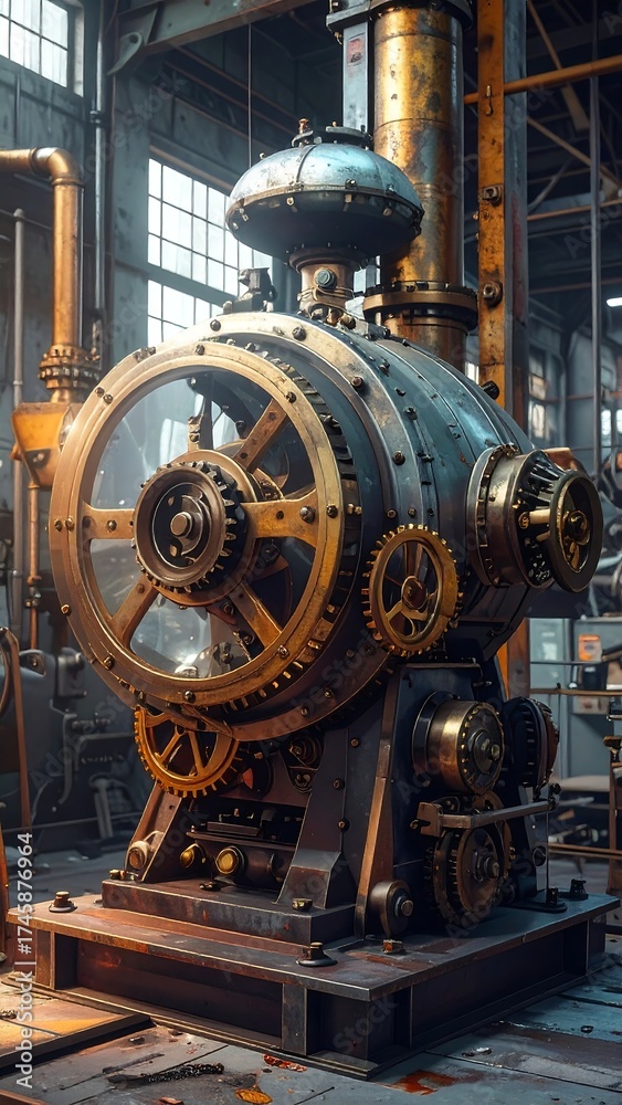 Fototapeta premium Massive, intricate steampunk machine in a large industrial space
