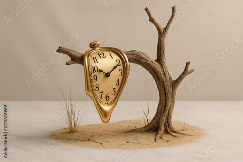 Surreal Timepiece: A golden clock with a melting design rests on a barren tree, a visual representation of the fleeting nature of time and a journey into the surreal. 