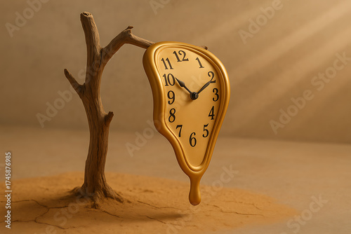 Surreal Time: A melting clock hangs gracefully from a bare branch, its face marked by classic numerals, set against a surreal backdrop of a desert and sunbeam.