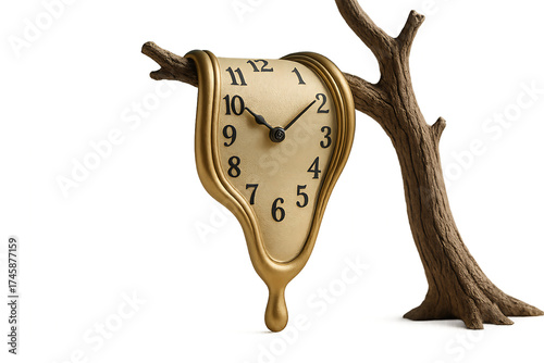 Time's Surreal Embrace: A melted clock sculpture delicately hangs from a branch, embodying a surreal perception of time's fluidity, a whimsical and artistic representation.