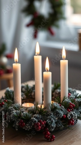 Handmade modern advent wreath with four candles lit every sunday before christmas Traditional diy xr