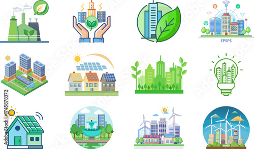 An array of eco-friendly city icons featuring green buildings and renewable energy sources. Showcasing sustainable urban development and environmental consciousness