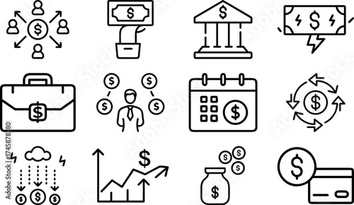 A collection of various financial icons. The set includes a briefcase, bank building, currency, and more, each representing different aspects of finance