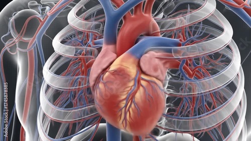 Detailed 3D illustration of the human heart and cardiovascular system within the rib cage
