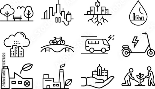 A collection of minimalist line art icons representing various sustainable urban concepts. The icons depict elements like parks, buildings, renewable energy sources, and eco-friendly transportation