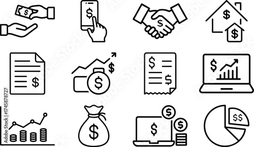 Financial Icons on Display: A collection of digital financial icons depicting various aspects of finance, from transactions to investments, all in a clear, concise style