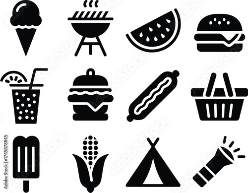 Black Silhouette Graphics Collection Showcasing Outdoor Summer Activities And Delicious Food