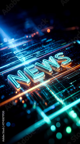 Digital representation of news with glowing lines and circuits in a futuristic design
