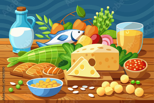 vector of Foods rich in vitamin D, including fish slices and milk, mushrooms. Cheese, eggs and green peas...on a wooden table