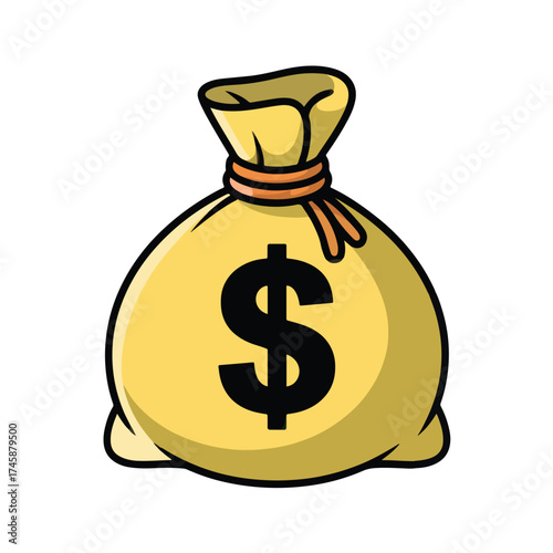 Money Bag Illustration Featuring Yellow Sack with Black Dollar Symbol and Brown String Tie, Financial Icon for Wealth, Banking, Investment, and Economic-Themed Visual Content.