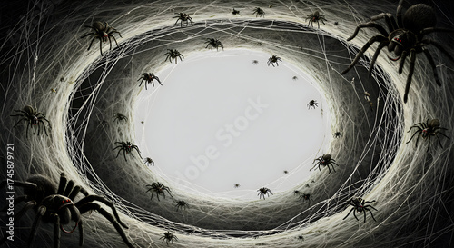 Creepy spider web tunnel with many spiders, creating a terrifying and claustrophobic halloween background with a dark and eerie atmosphere