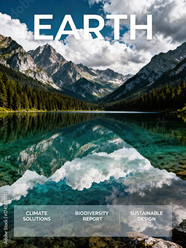 Serene mountain landscape reflecting in clear lake under blue sky  