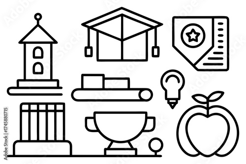 Simple School and Study Symbol Set Line Art Vector Design Isolated on White