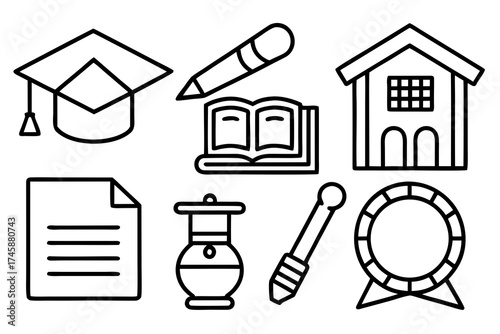 Simple School and Study Symbol Set Line Art Vector Design Isolated on White