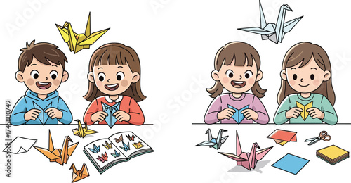 Cartoon children folding origami cranes, creative teamwork activity with paper, traditional Japanese art and learning illustration