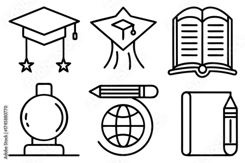 Simple School and Study Symbol Set Line Art Vector Design Isolated on White