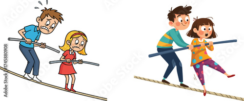 Cartoon children walking on tightrope, nervous versus confident expressions, teamwork balance challenge, fun circus activity illustration