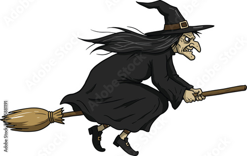 Cartoon witch flying on broomstick, Halloween character in black robe and hat, spooky folklore magic illustration