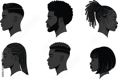 Diverse hairstyle profile set, Black hair culture illustration with afro, dreadlocks, cornrows, fade, bob, and designs