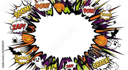Halloween comic explosion frame isolated on white background, featuring pumpkins, ghosts, bats, and comic book style sound effects