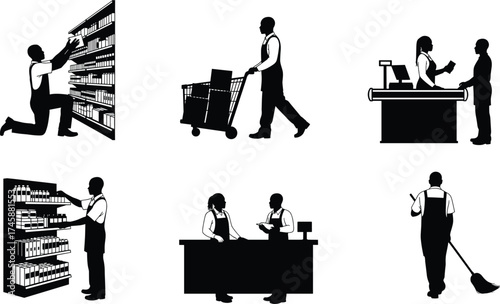Retail store worker silhouettes set, customer shopping and employee tasks, cashier, stocking, cleaning, grocery store illustration