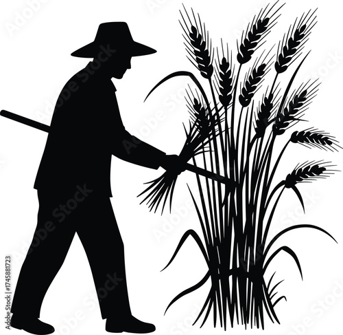 Silhouette farmer harvesting wheat with sickle, traditional agriculture worker in wide hat, rural farming harvest concept illustration
