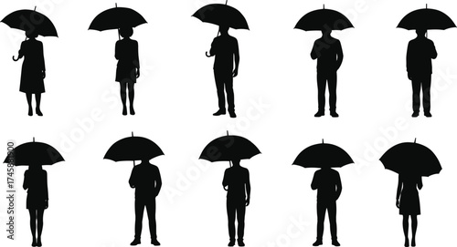Silhouette people with umbrellas set, standing figures in rain protection poses, rainy weather concept illustration design