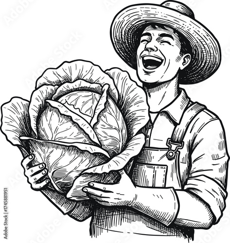 Smiling farmer holding giant cabbage harvest, agriculture success, organic farming, rural lifestyle, oversized vegetable illustration, vintage drawing
