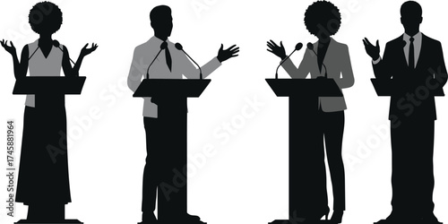 Silhouette speakers at podiums, debate or public speaking event, political discussion and communication illustration design