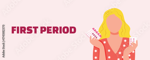 First menstrual period banner — teenage girl with menstrual calendar and painkillers. Puberty and women’s health awareness