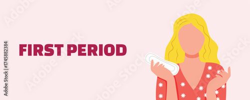 First menstrual period banner — girl holding a sanitary pad. Puberty, women’s health, and gynecology concept