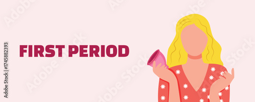 First menstrual period banner — teenage girl holding a menstrual cup. Puberty, women’s health, and gynecology concept