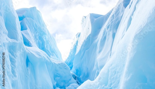 Light blue icebergs against sky, bright daylight