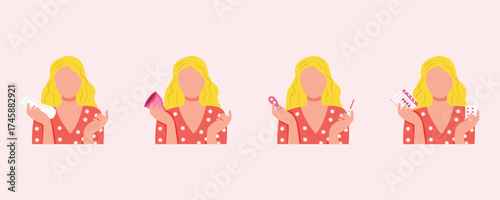 Menstrual period illustration set with a girl, woman and feminine hygiene products — pads, menstrual cup, painkillers, calendar, pregnancy test