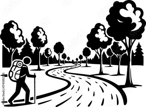 Sketch vector of hiker on forest trail outdoor adventure travel icon
