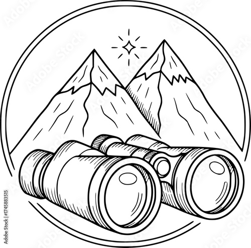 Sketch vector of binoculars and mountains symbol of nature adventure and exploration
