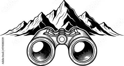 Sketch vector of binoculars and mountains symbol of nature adventure and exploration
