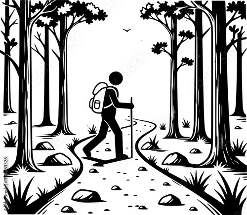 Sketch vector of hiker on forest trail outdoor adventure travel icon
