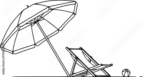 Sketch vector of beach umbrella and lounger summer vacation outline illustration

