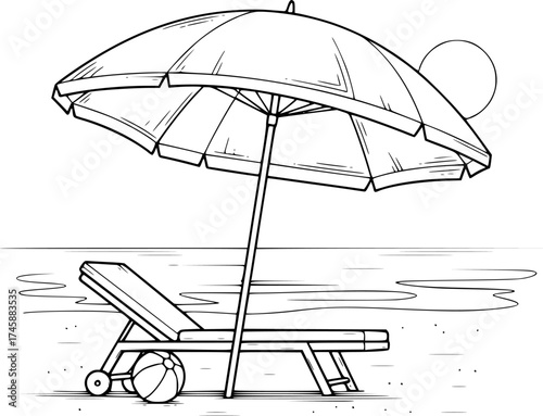 Sketch vector of beach umbrella and lounger summer vacation outline illustration

