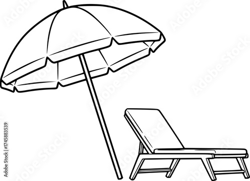 Sketch vector of beach umbrella and lounger summer vacation outline illustration
