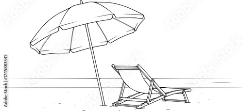 Sketch vector of beach umbrella and lounger summer vacation outline illustration
